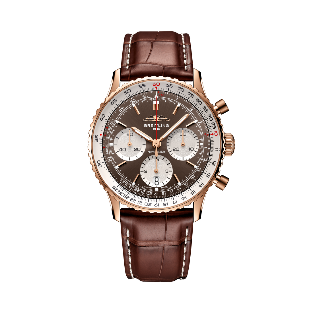 Breitling Navitimer B01 Chronograph 41 reference RB0139211Q1P1 with Bronze dial, 18k red gold case, alligator strap, front view