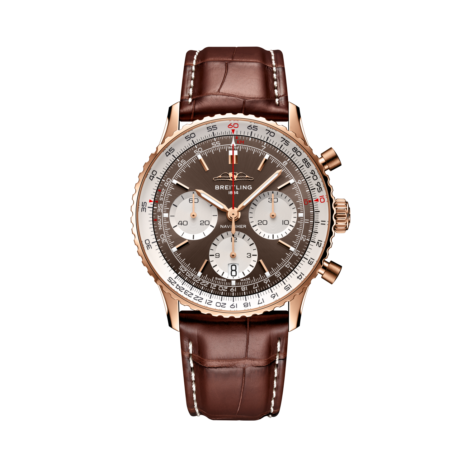 Breitling Navitimer B01 Chronograph 41 reference RB0139211Q1P1 with Bronze dial, 18k red gold case, alligator strap, front view