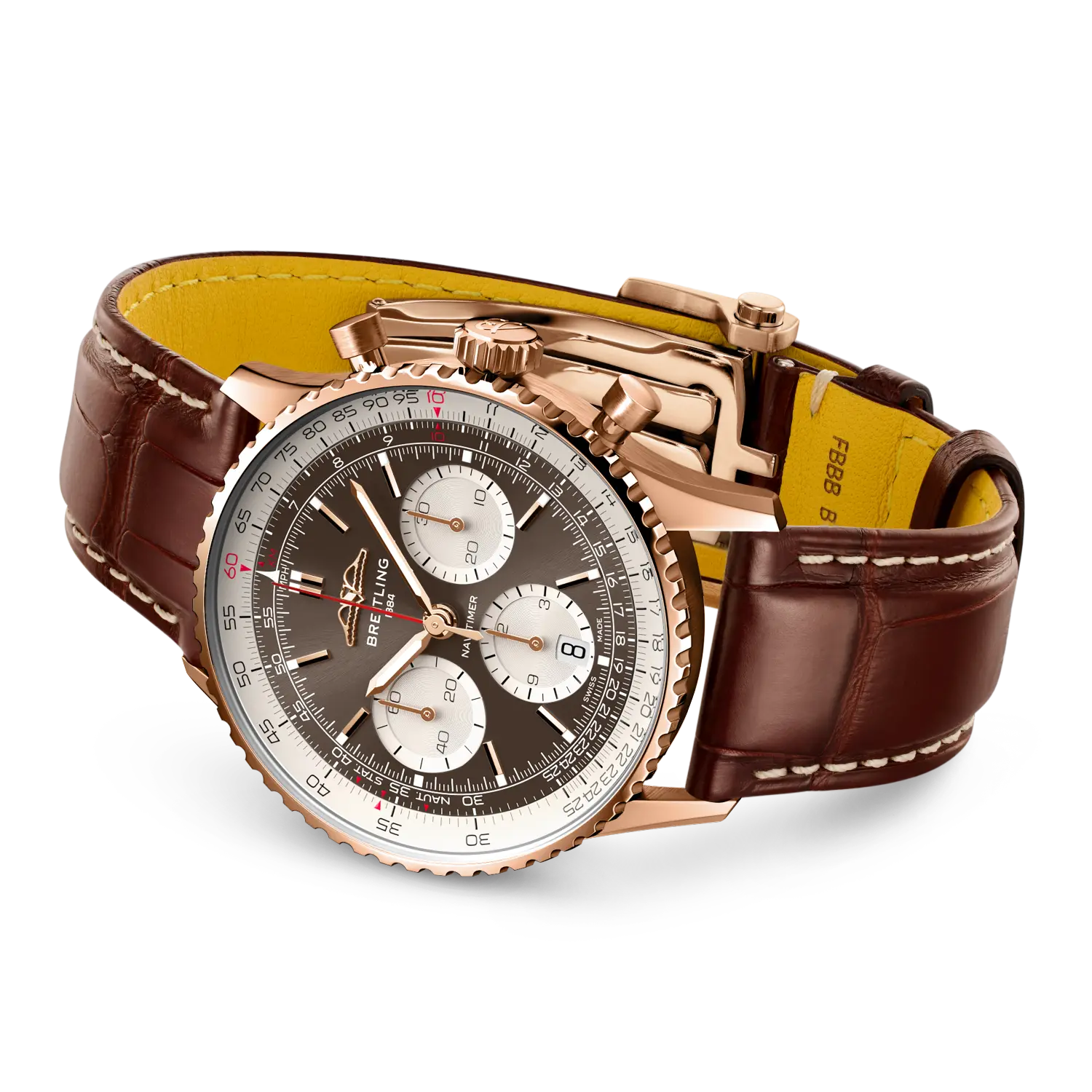 Breitling Navitimer B01 Chronograph 41 reference RB0139211Q1P1 with Bronze dial, 18k red gold case, alligator strap, bracelet or strap configuration view