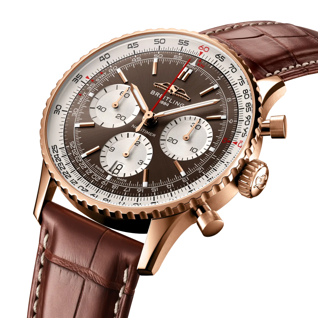 Breitling Navitimer B01 Chronograph 41 reference RB0139211Q1P1 with Bronze dial, 18k red gold case, alligator strap, three-quarter view