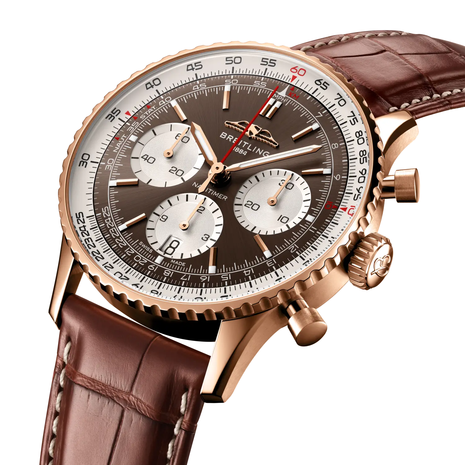 Breitling Navitimer B01 Chronograph 41 reference RB0139211Q1P1 with Bronze dial, 18k red gold case, alligator strap, three-quarter view