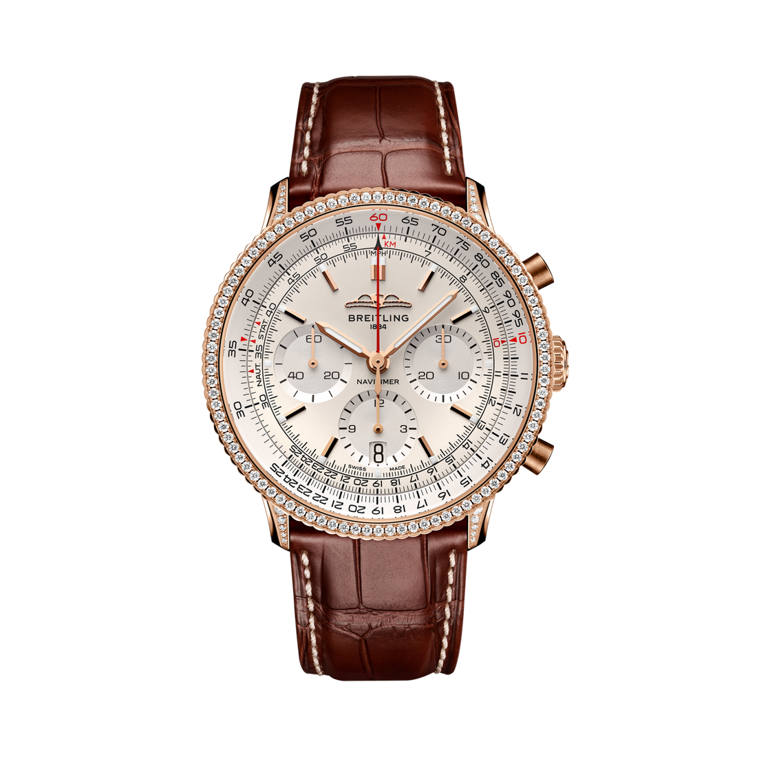Breitling Navitimer B01 Chronograph 41 reference RB0139631G1P1 with Cream dial, 18k red gold (gem-set) case, alligator strap, front view