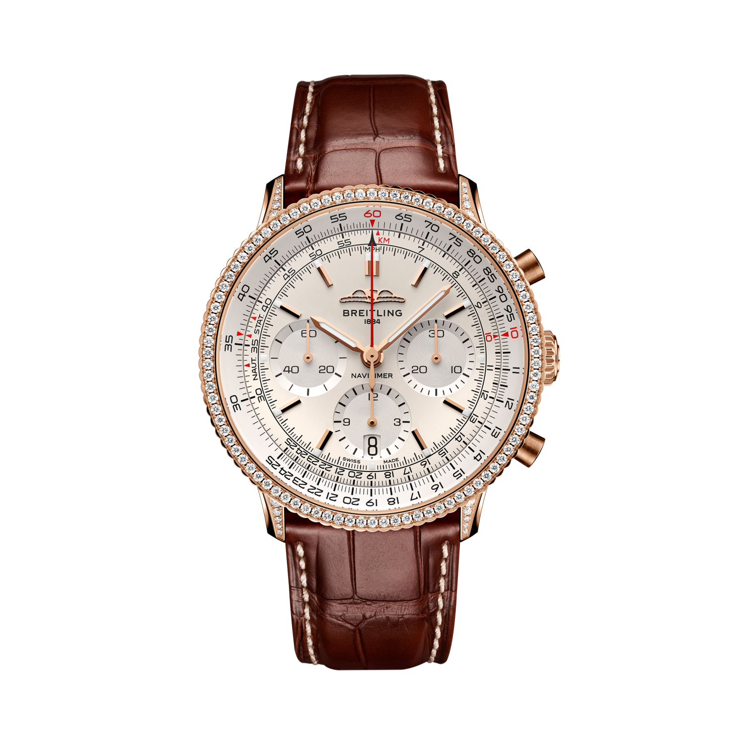 Breitling Navitimer B01 Chronograph 41 reference RB0139631G1P1 with Cream dial, 18k red gold (gem-set) case, alligator strap, front view