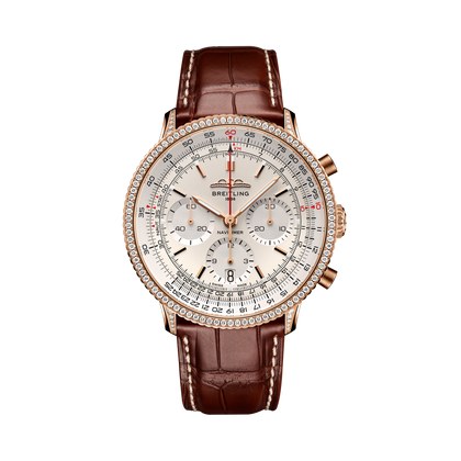 Breitling Navitimer B01 Chronograph 41 reference RB0139631G1P1 with Cream dial, 18k red gold (gem-set) case, alligator strap, front view