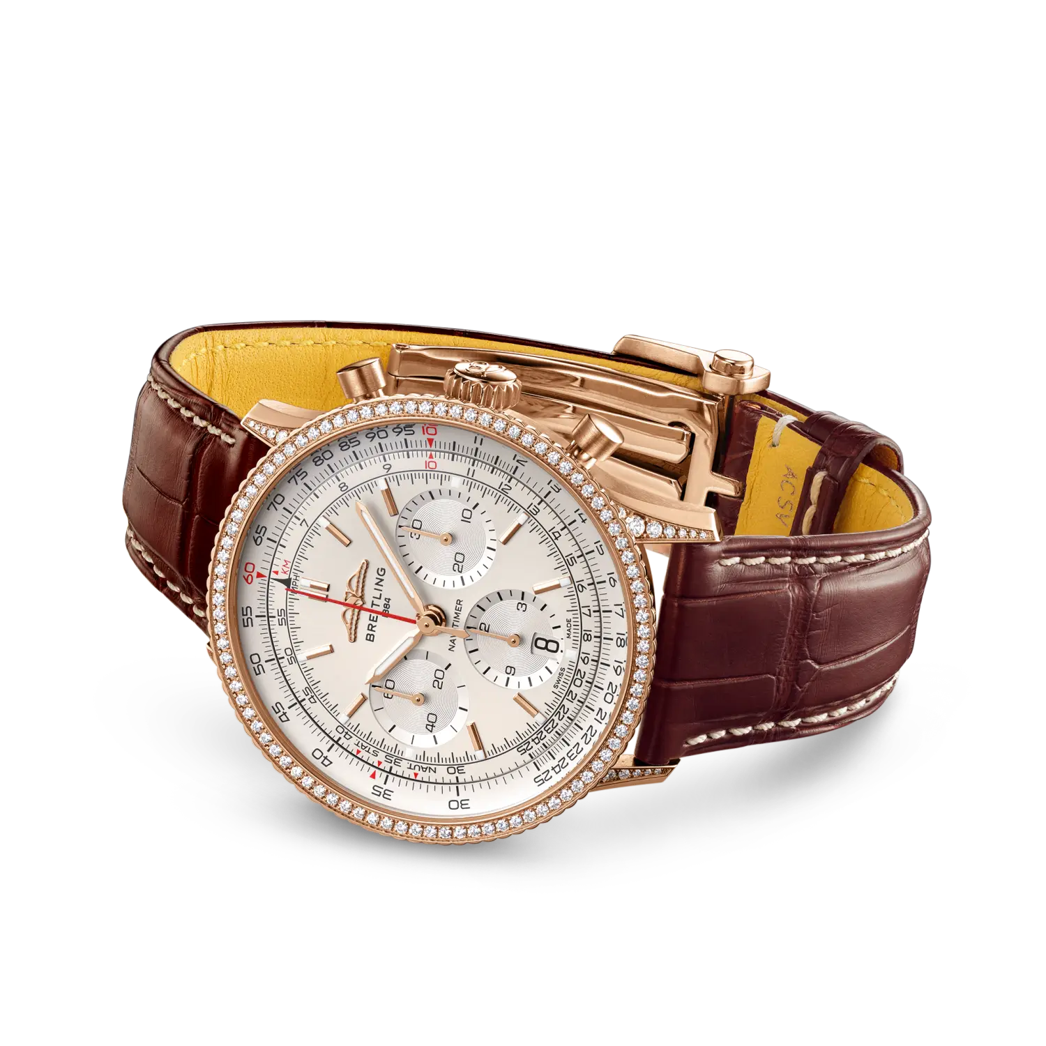 Breitling Navitimer B01 Chronograph 41 reference RB0139631G1P1 with Cream dial, 18k red gold (gem-set) case, alligator strap, bracelet or strap configuration view