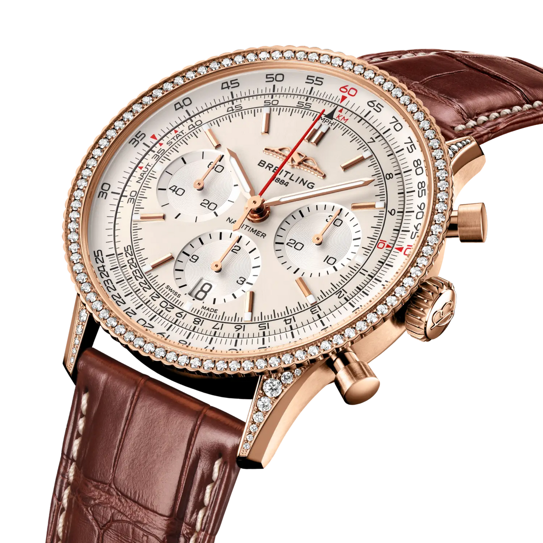 Breitling Navitimer B01 Chronograph 41 reference RB0139631G1P1 with Cream dial, 18k red gold (gem-set) case, alligator strap, three-quarter view