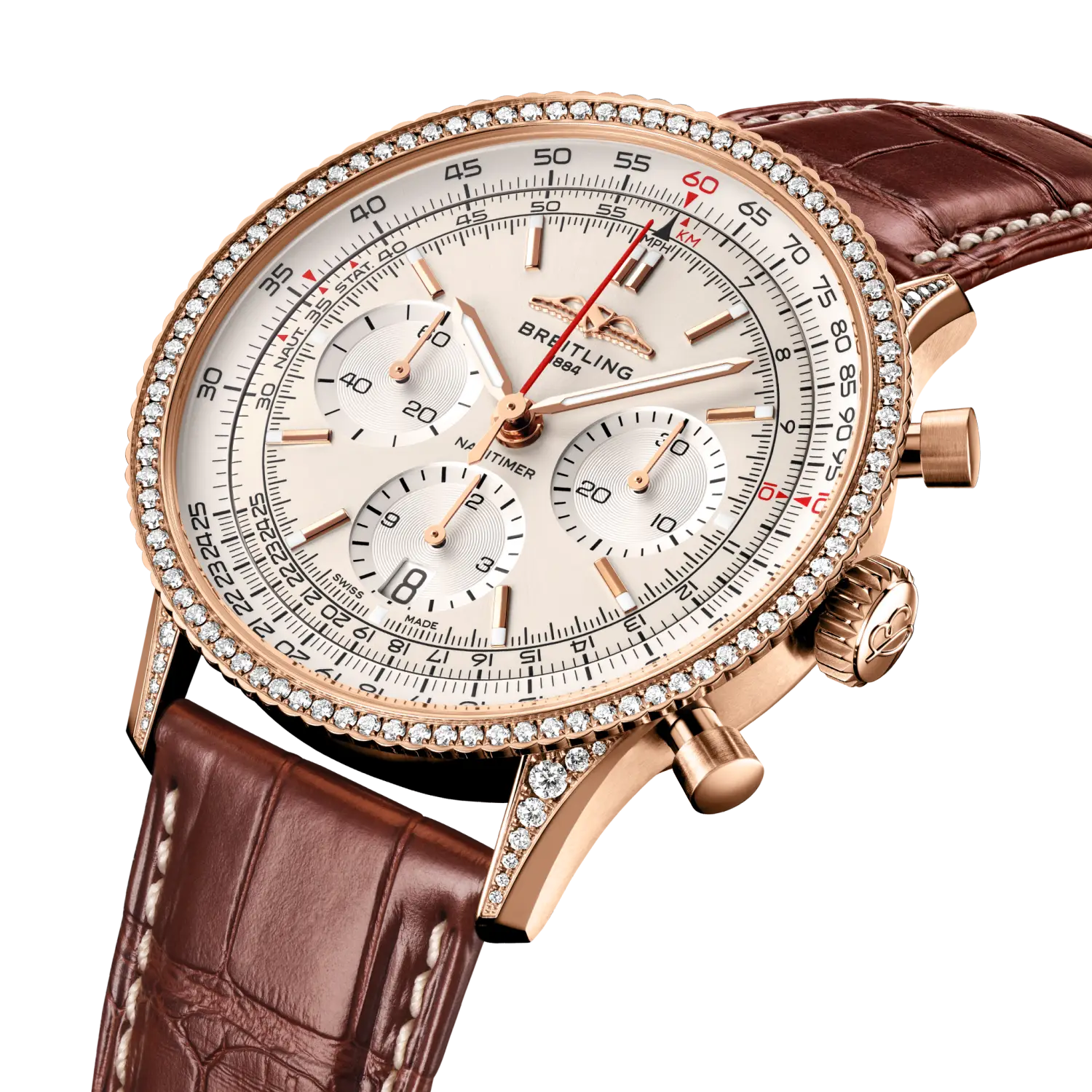 Breitling Navitimer B01 Chronograph 41 reference RB0139631G1P1 with Cream dial, 18k red gold (gem-set) case, alligator strap, three-quarter view