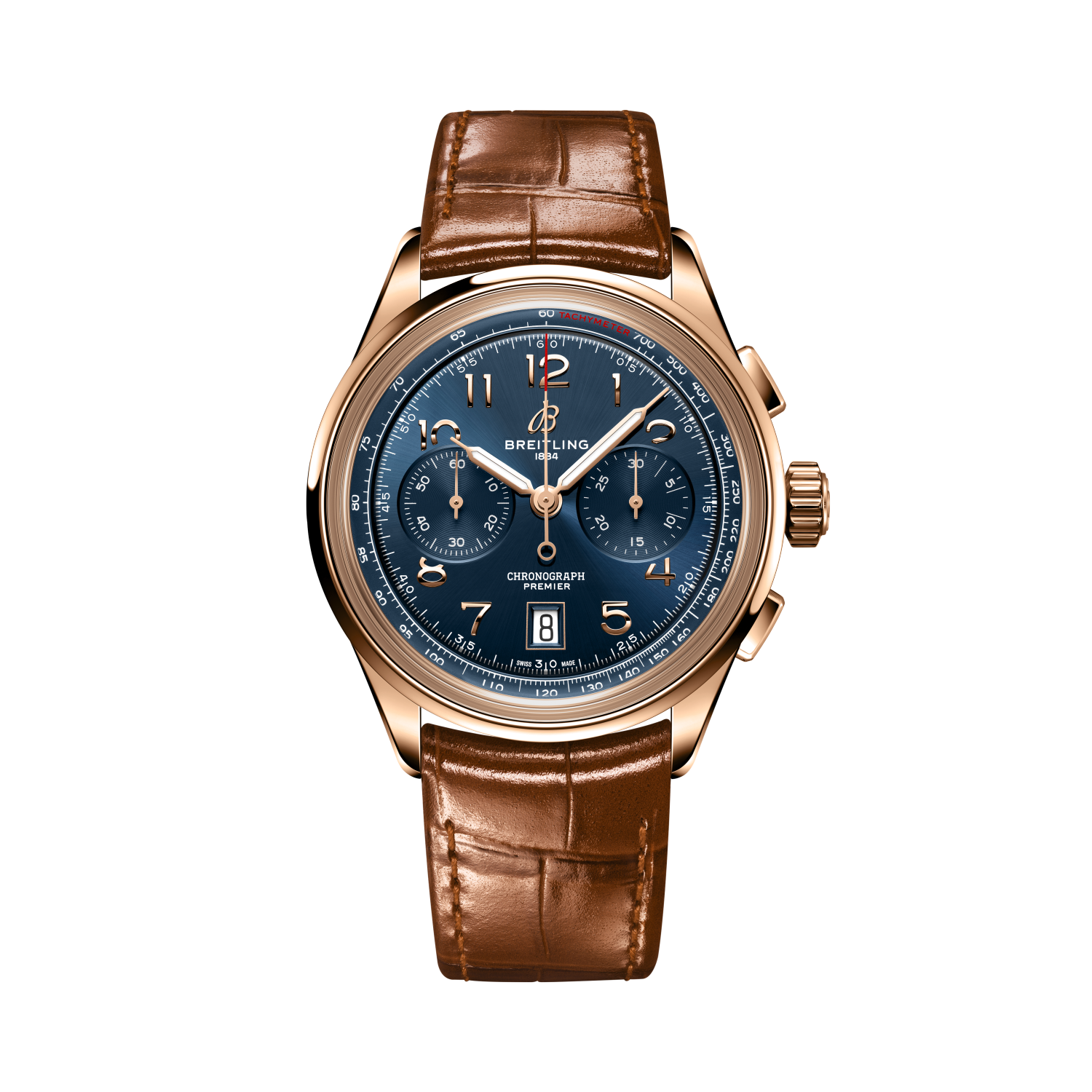 Breitling Premier B01 Chronograph 42 reference RB0145171C1P1 with Blue dial, 18k red gold case, alligator strap, front view