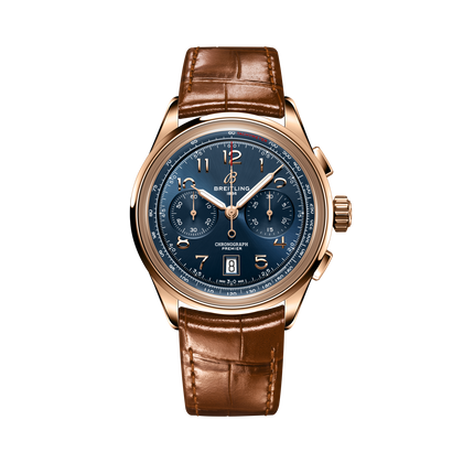 Breitling Premier B01 Chronograph 42 reference RB0145171C1P1 with Blue dial, 18k red gold case, alligator strap, front view