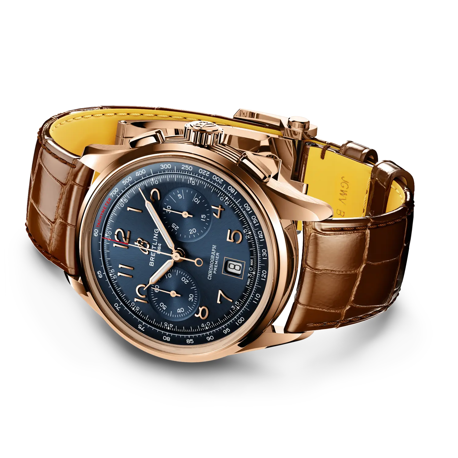 Breitling Premier B01 Chronograph 42 reference RB0145171C1P1 with Blue dial, 18k red gold case, alligator strap, bracelet or strap configuration view