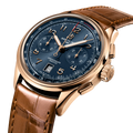 Breitling Premier B01 Chronograph 42 reference RB0145171C1P1 with Blue dial, 18k red gold case, alligator strap, three-quarter view