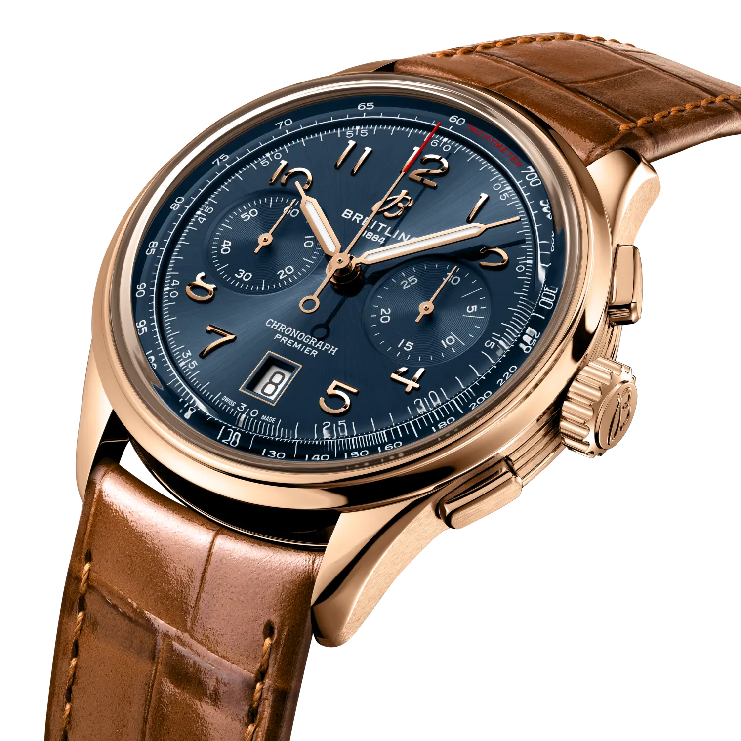 Breitling Premier B01 Chronograph 42 reference RB0145171C1P1 with Blue dial, 18k red gold case, alligator strap, three-quarter view