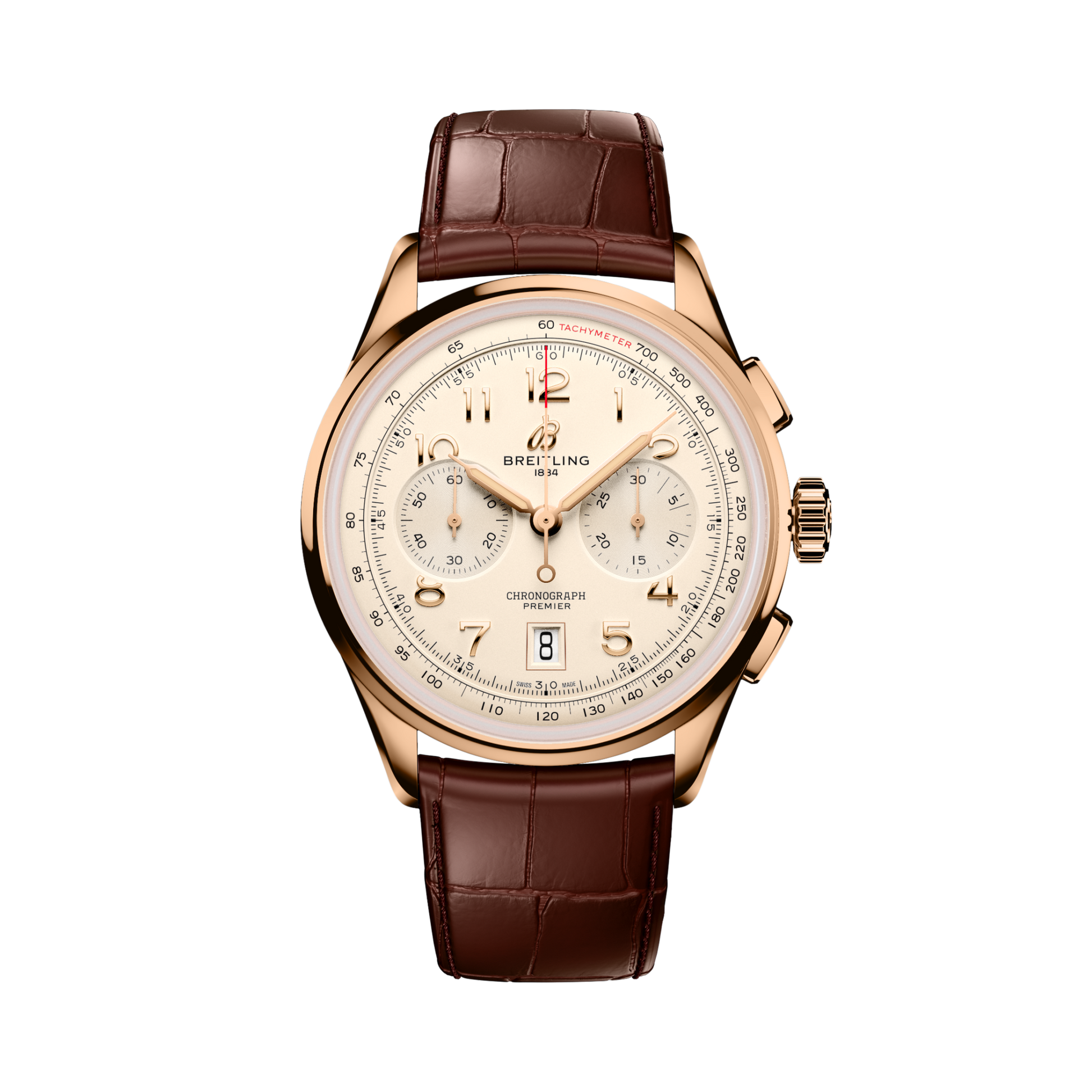 Breitling Premier B01 Chronograph 42 reference RB0145371G1P2 with Cream dial, 18k red gold case, alligator strap, front view