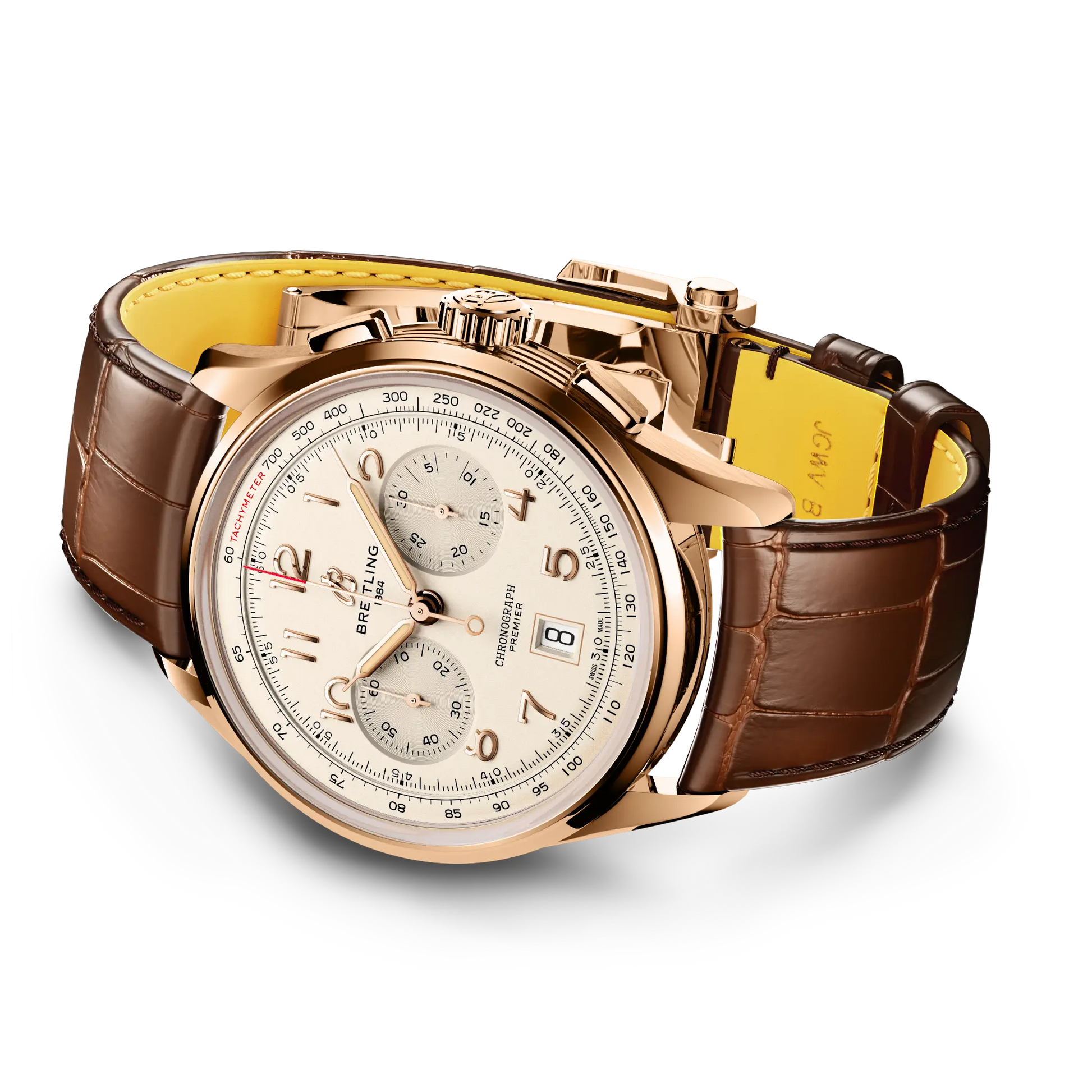 Breitling Premier B01 Chronograph 42 reference RB0145371G1P2 with Cream dial, 18k red gold case, alligator strap, bracelet or strap configuration view