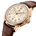 Breitling Premier B01 Chronograph 42 reference RB0145371G1P2 with Cream dial, 18k red gold case, alligator strap, three-quarter view
