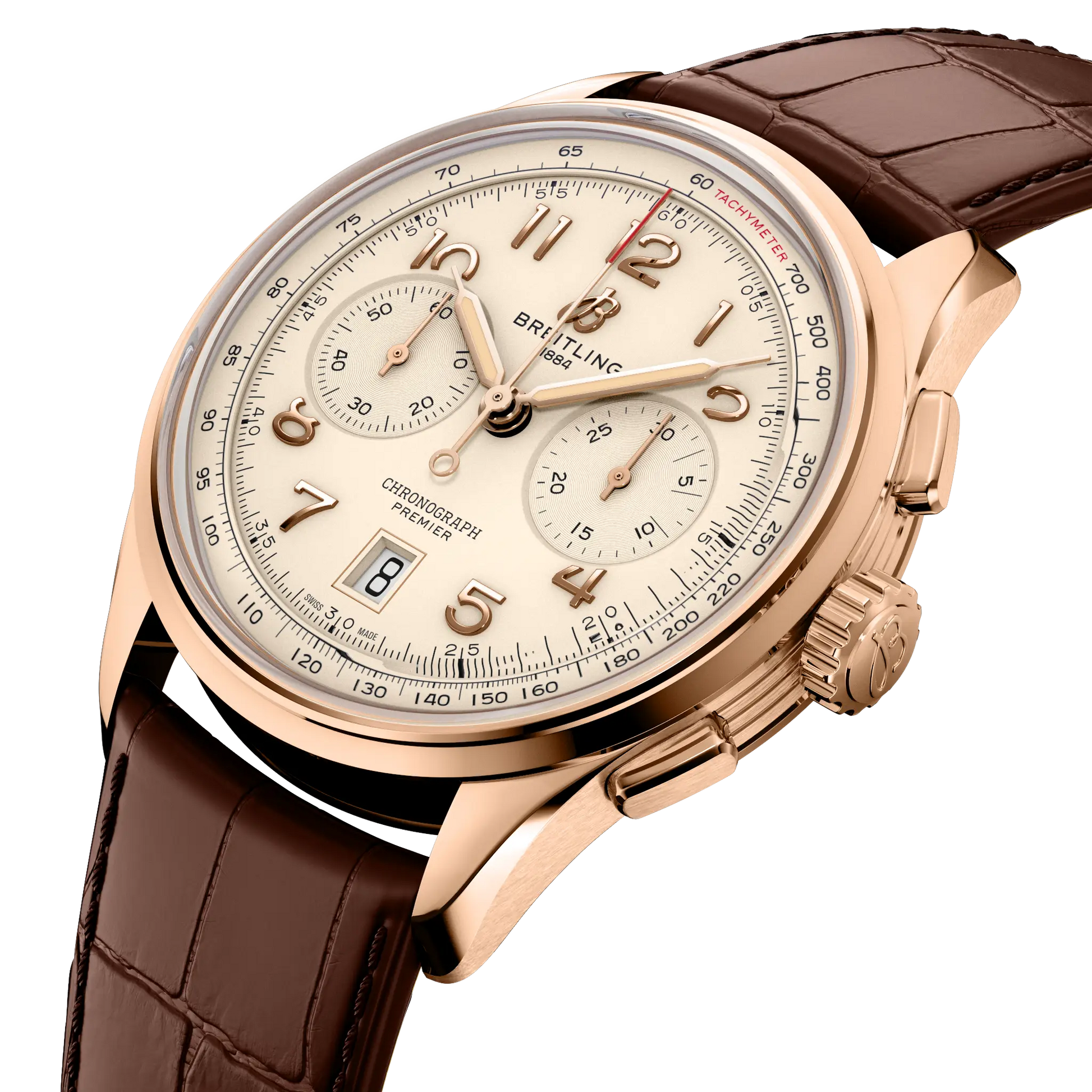 Breitling Premier B01 Chronograph 42 reference RB0145371G1P2 with Cream dial, 18k red gold case, alligator strap, three-quarter view