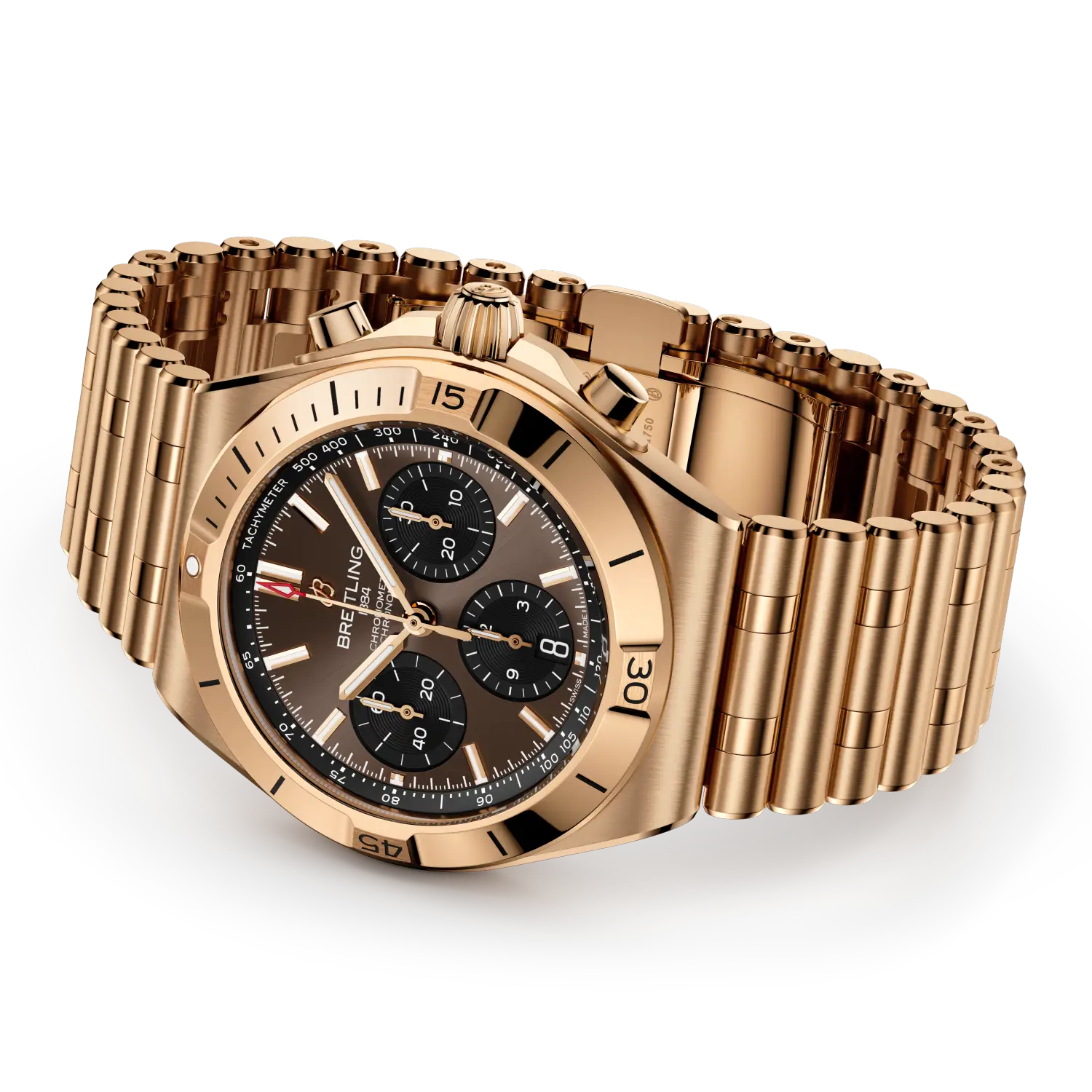 Breitling Chronomat B01 Chronograph 42 reference RB0158101Q1R1 with Brown dial, 18k red gold case, bracelet, bracelet or strap configuration view