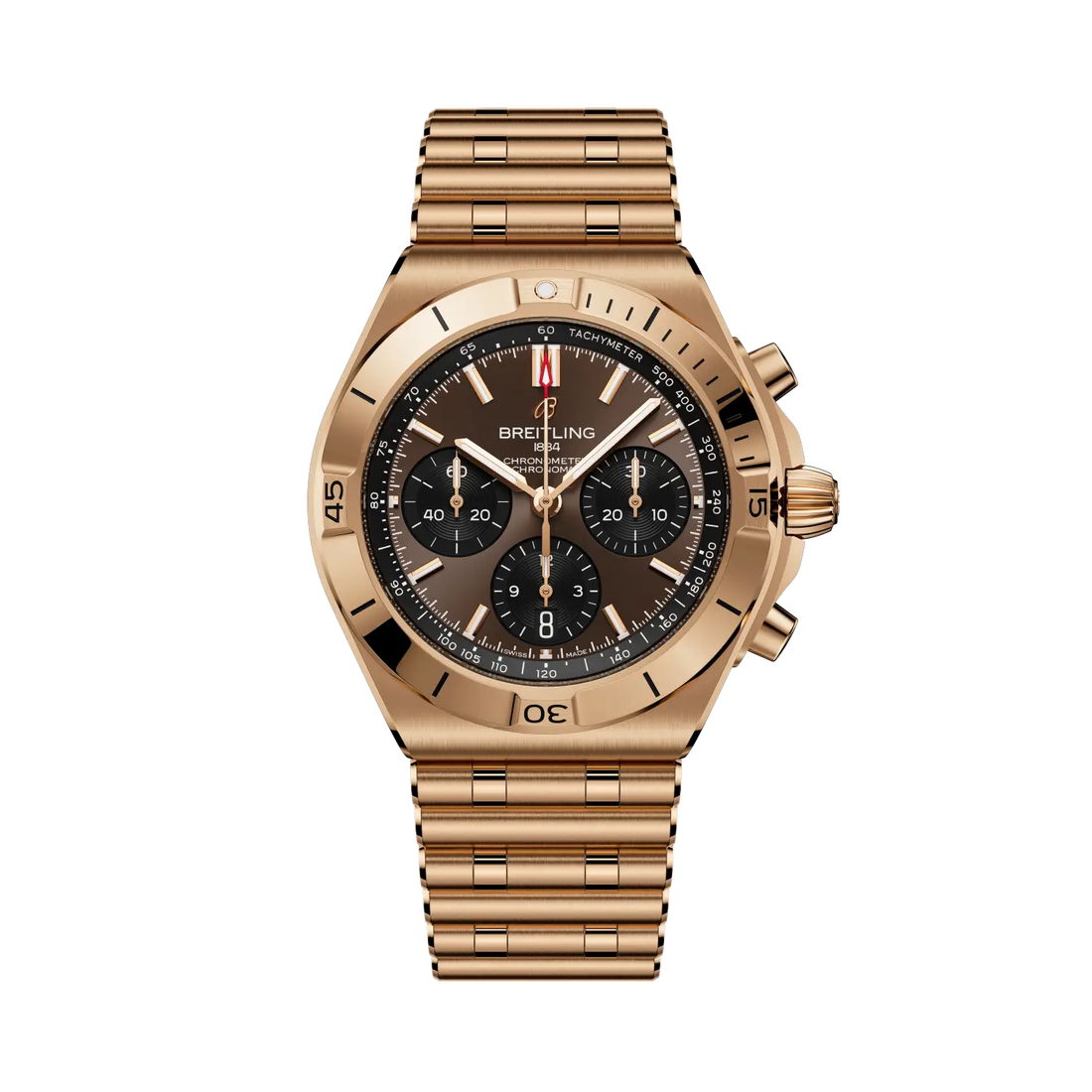 Breitling Chronomat B01 Chronograph 42 reference RB0158101Q1R1 with Brown dial, 18k red gold case, bracelet, front view