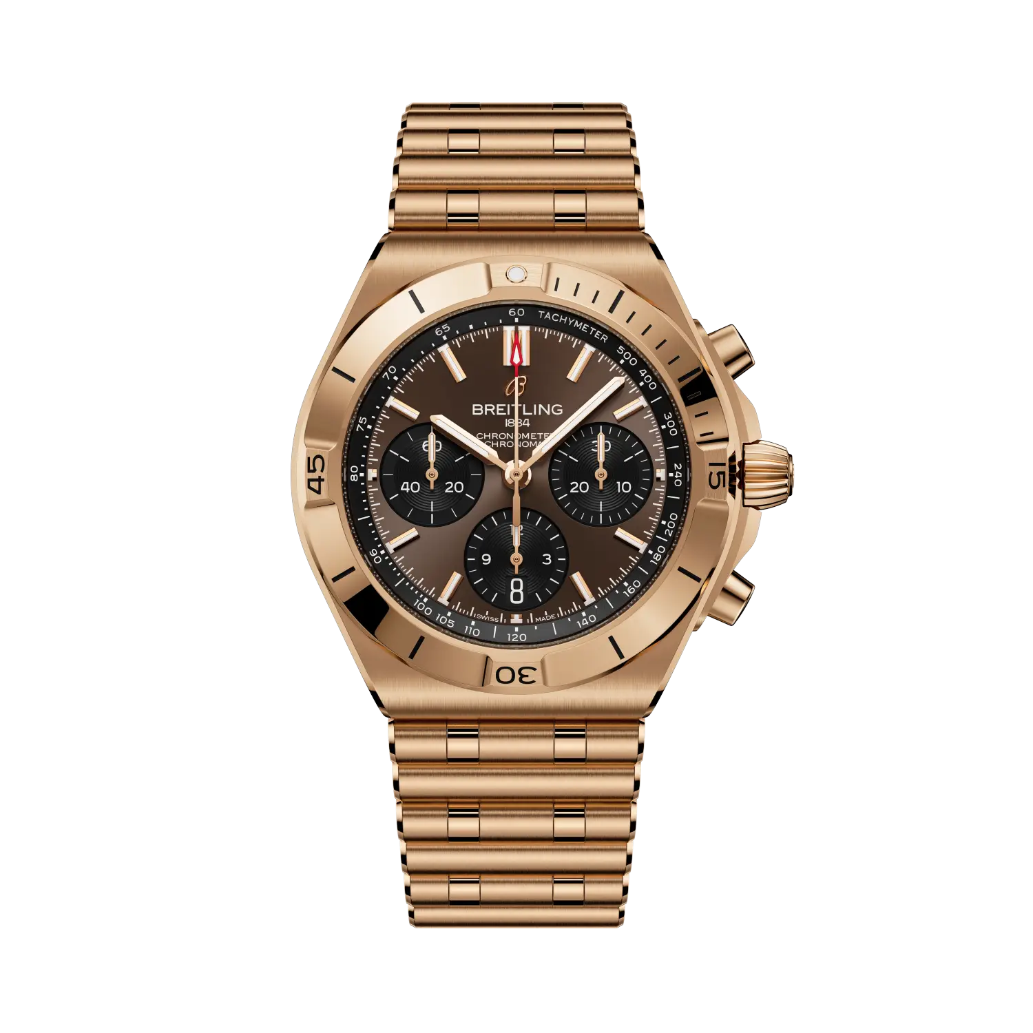 Breitling Chronomat B01 Chronograph 42 reference RB0158101Q1R1 with Brown dial, 18k red gold case, bracelet, front view