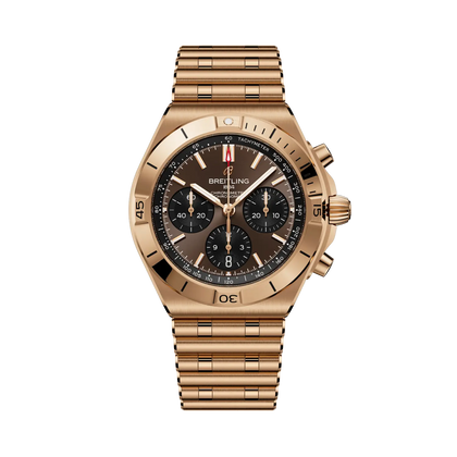 Breitling Chronomat B01 Chronograph 42 reference RB0158101Q1R1 with Brown dial, 18k red gold case, bracelet, front view