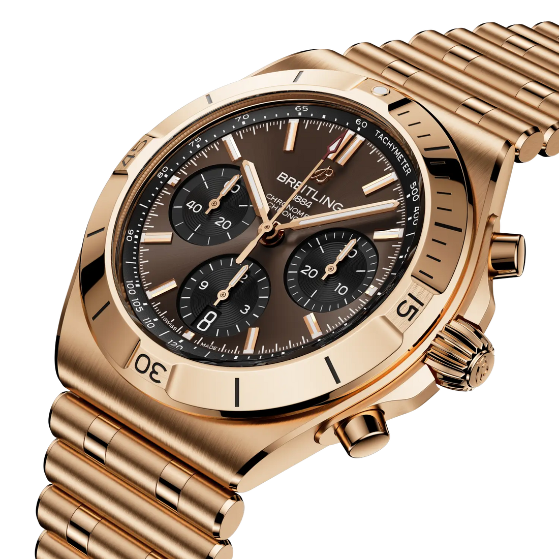 Breitling Chronomat B01 Chronograph 42 reference RB0158101Q1R1 with Brown dial, 18k red gold case, bracelet, front view