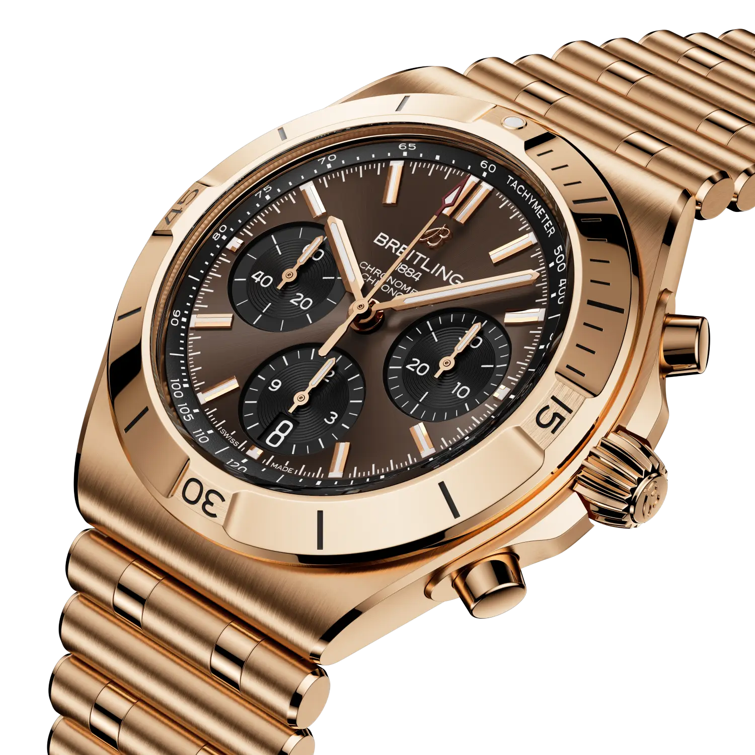 Breitling Chronomat B01 Chronograph 42 reference RB0158101Q1R1 with Brown dial, 18k red gold case, bracelet, three-quarter view