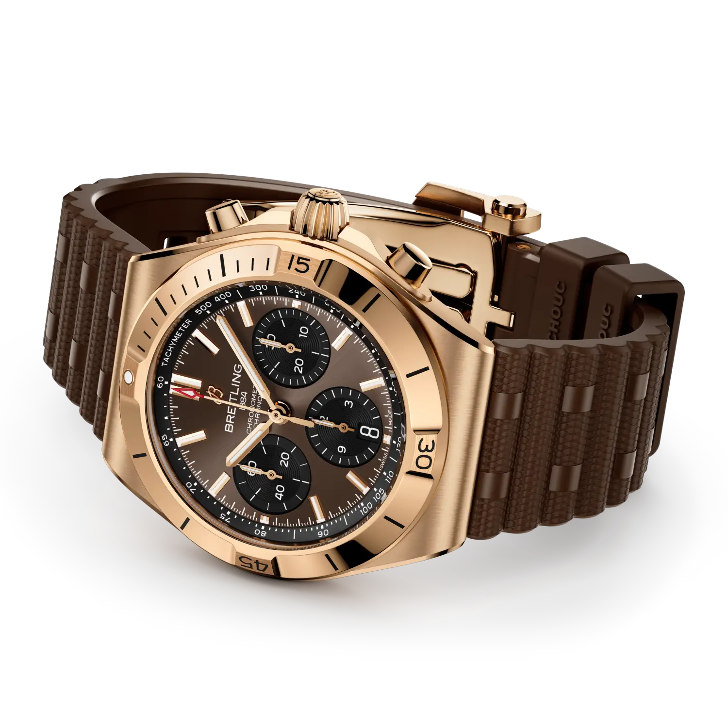 Breitling Chronomat B01 Chronograph 42 reference RB0158101Q1S1 with Brown dial, 18k red gold case, rubber strap, bracelet or strap configuration view