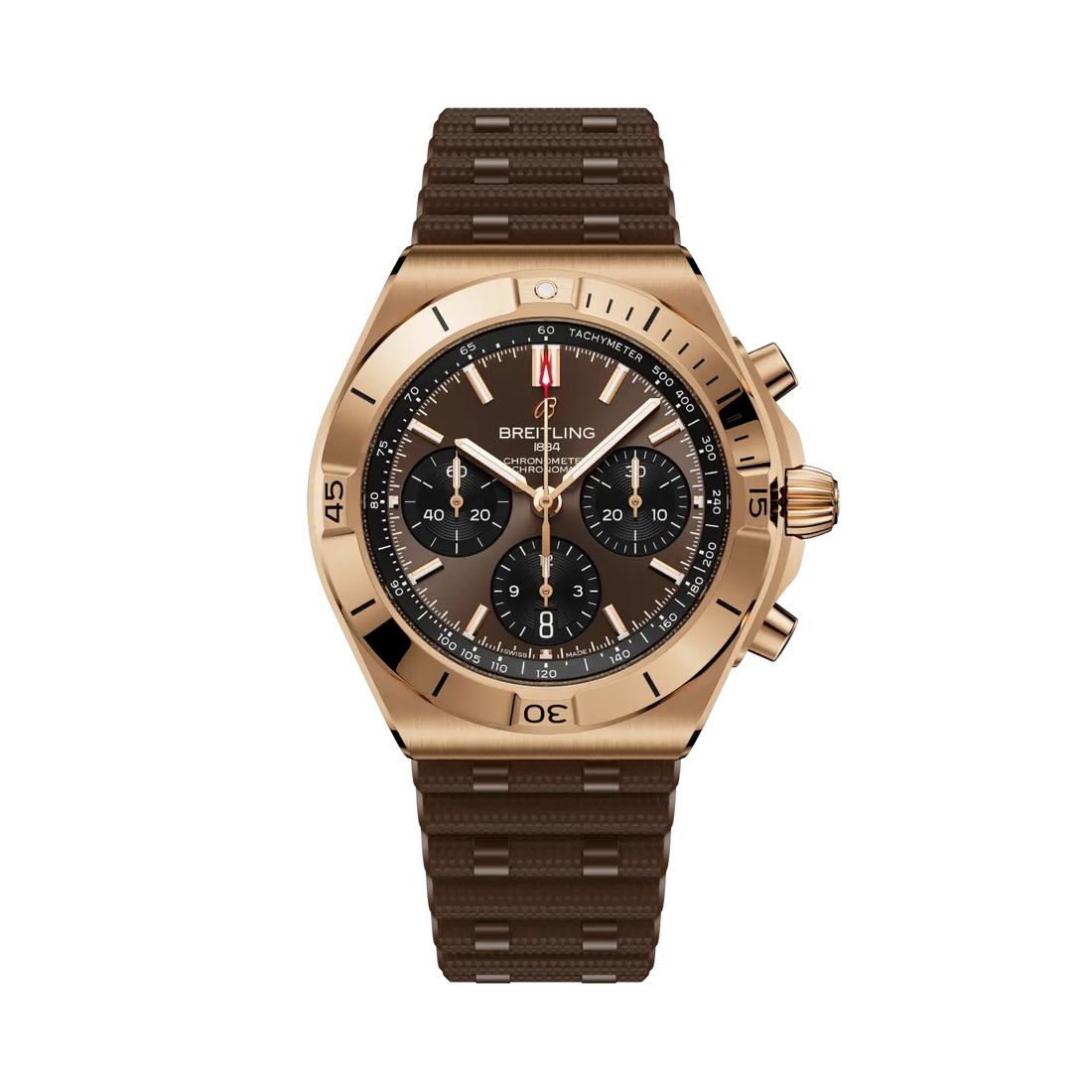 Breitling Chronomat B01 Chronograph 42 reference RB0158101Q1S1 with Brown dial, 18k red gold case, rubber strap, front view