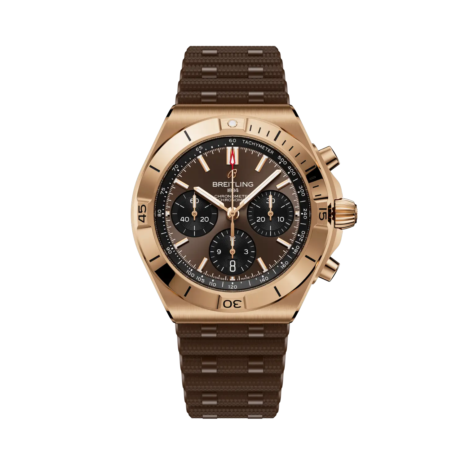 Breitling Chronomat B01 Chronograph 42 reference RB0158101Q1S1 with Brown dial, 18k red gold case, rubber strap, front view