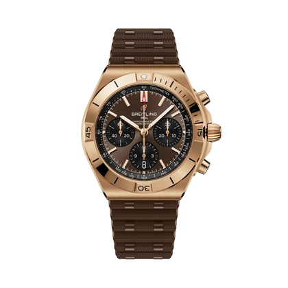 Breitling Chronomat B01 Chronograph 42 reference RB0158101Q1S1 with Brown dial, 18k red gold case, rubber strap, front view