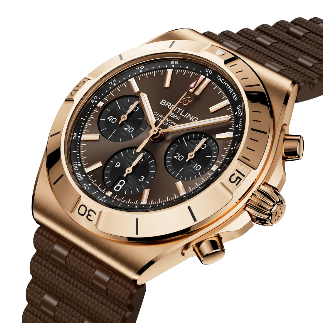 Breitling Chronomat B01 Chronograph 42 reference RB0158101Q1S1 with Brown dial, 18k red gold case, rubber strap, front view
