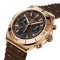 Breitling Chronomat B01 Chronograph 42 reference RB0158101Q1S1 with Brown dial, 18k red gold case, rubber strap, three-quarter view