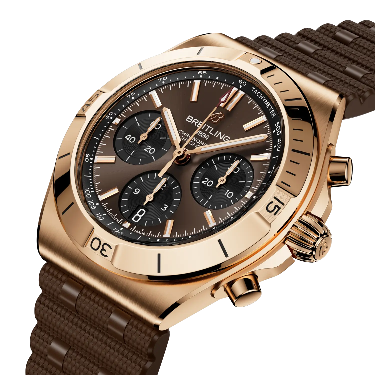 Breitling Chronomat B01 Chronograph 42 reference RB0158101Q1S1 with Brown dial, 18k red gold case, rubber strap, three-quarter view