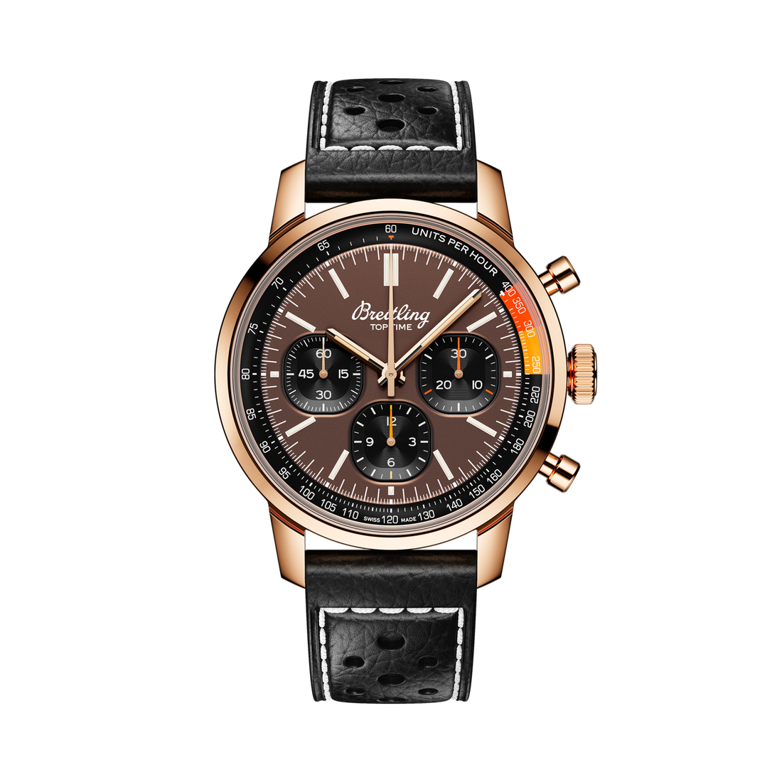 Breitling Top Time B01 reference RB01761A1Q1X1 with Bronze dial, 18k red gold case, calfskin strap, front view