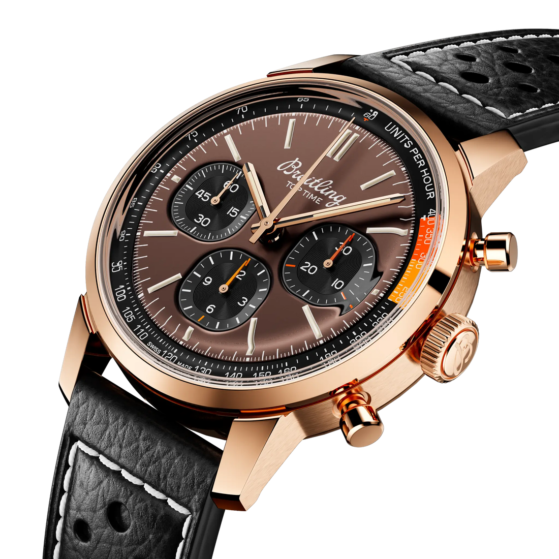 Breitling Top Time B01 reference RB01761A1Q1X1 with Bronze dial, 18k red gold case, calfskin strap, three-quarter view