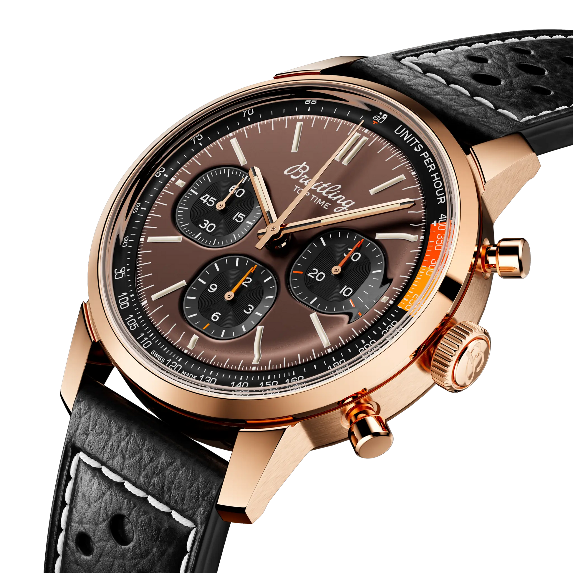 Breitling Top Time B01 reference RB01761A1Q1X1 with Bronze dial, 18k red gold case, calfskin strap, three-quarter view