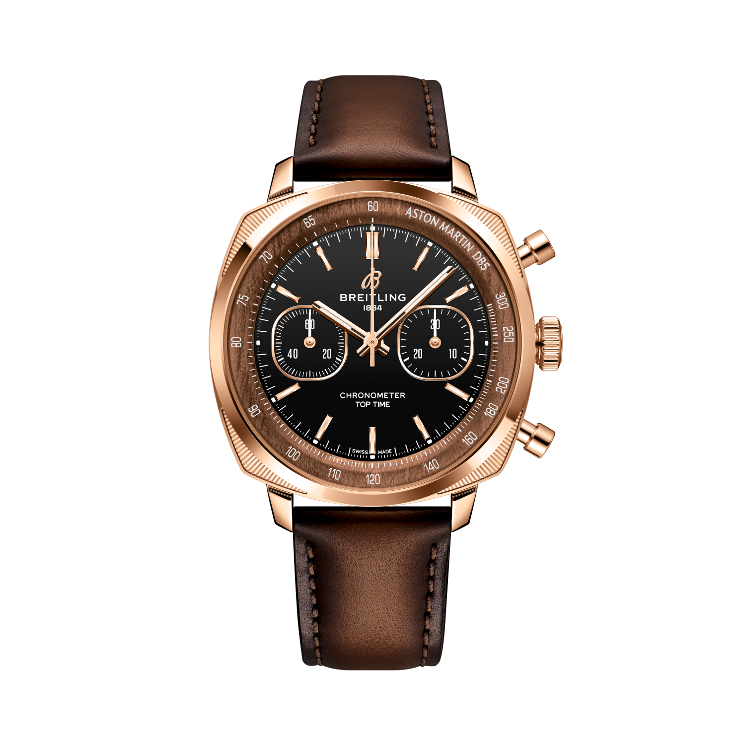 Breitling Top Time B01 Chronograph 41 Tribute to Aston Martin DB5 reference RB0178131B1X1 with Black dial, 18k red gold case, calfskin strap, front view