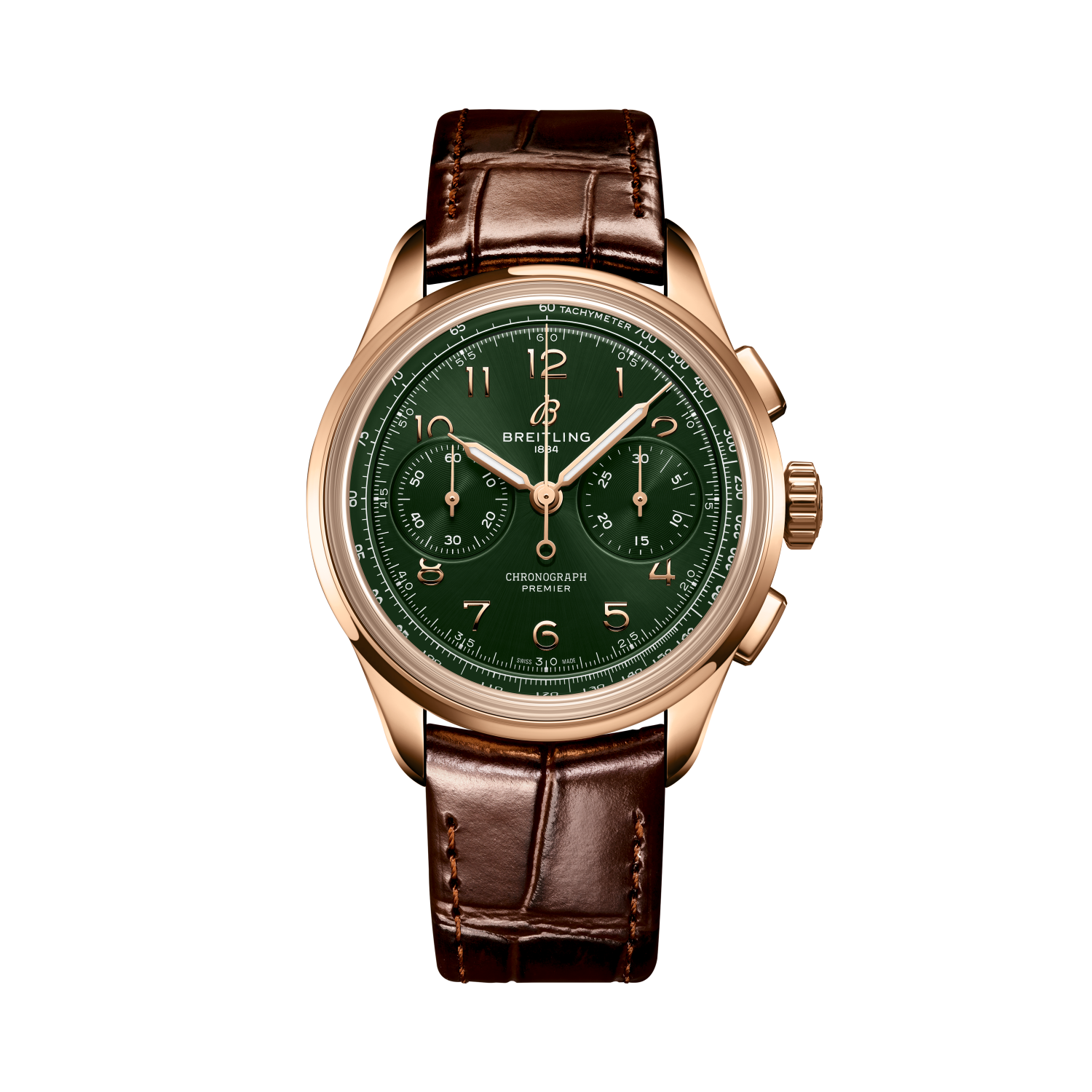 Breitling Premier B09 Chronograph 40 reference RB0930361L1P1 with Green dial, 18k red gold case, alligator strap, front view