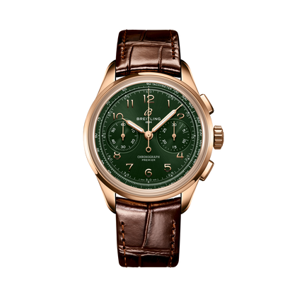 Breitling Premier B09 Chronograph 40 reference RB0930361L1P1 with Green dial, 18k red gold case, alligator strap, front view
