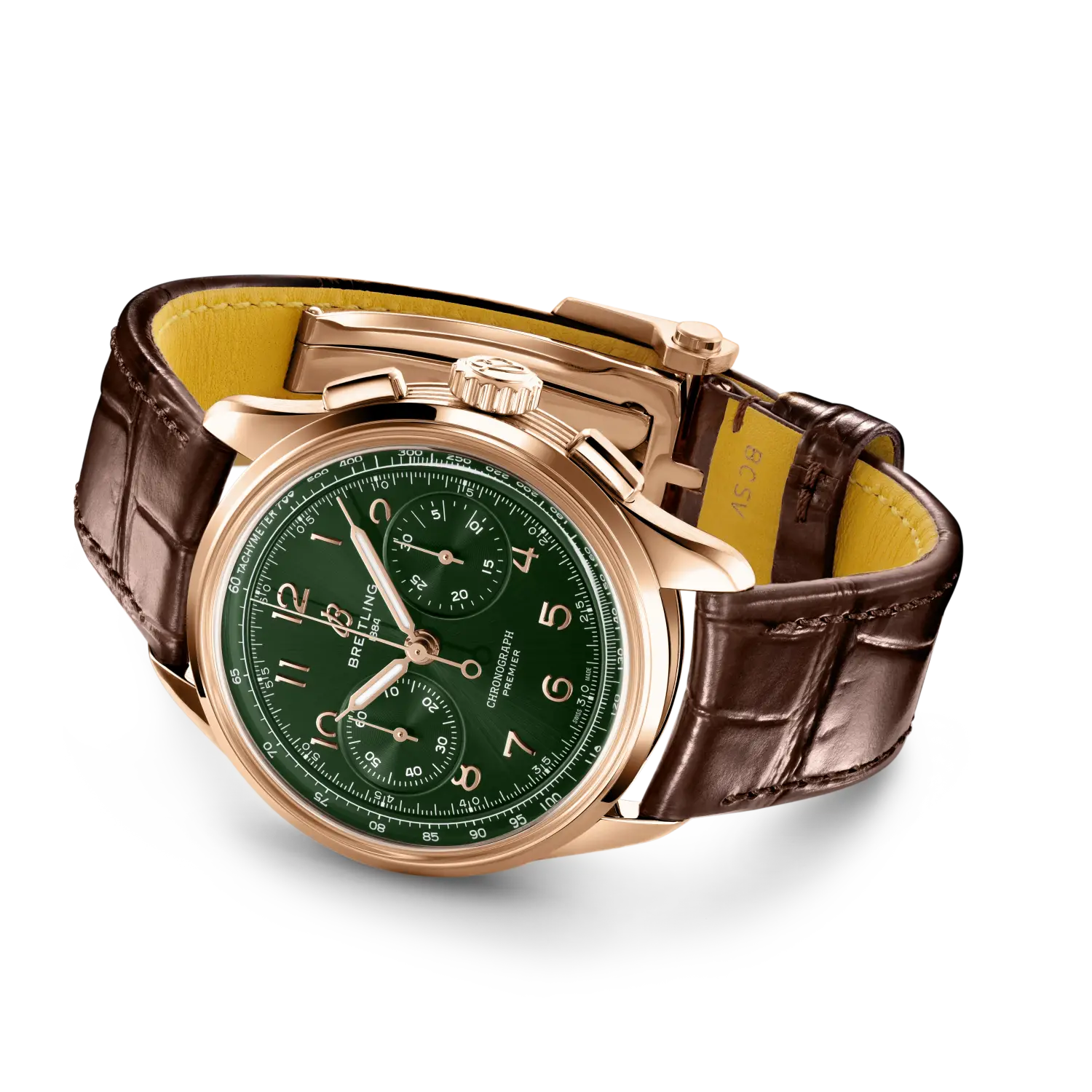 Breitling Premier B09 Chronograph 40 reference RB0930361L1P1 with Green dial, 18k red gold case, alligator strap, bracelet or strap configuration view