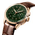 Breitling Premier B09 Chronograph 40 reference RB0930361L1P1 with Green dial, 18k red gold case, alligator strap, three-quarter view