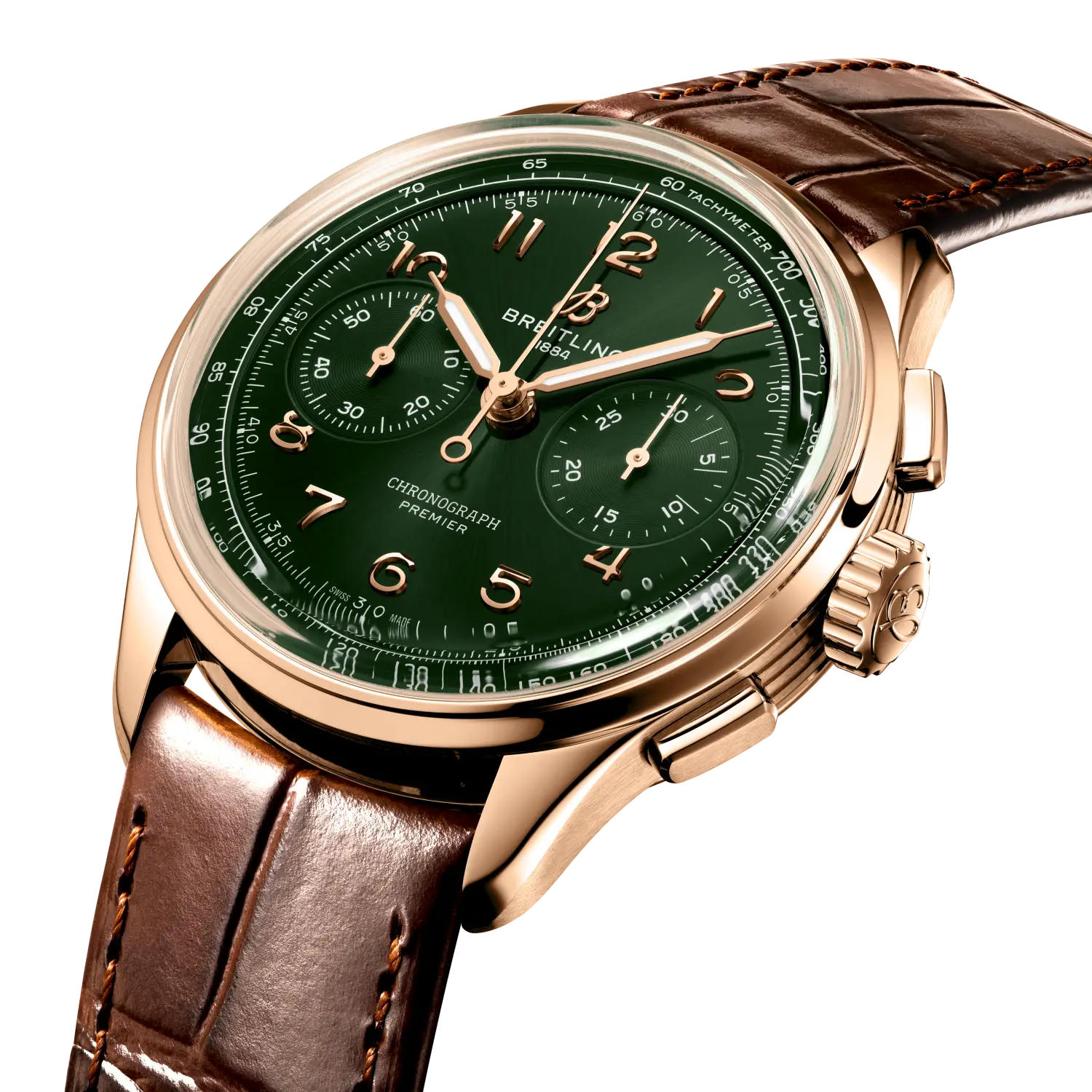 Breitling Premier B09 Chronograph 40 reference RB0930361L1P1 with Green dial, 18k red gold case, alligator strap, three-quarter view