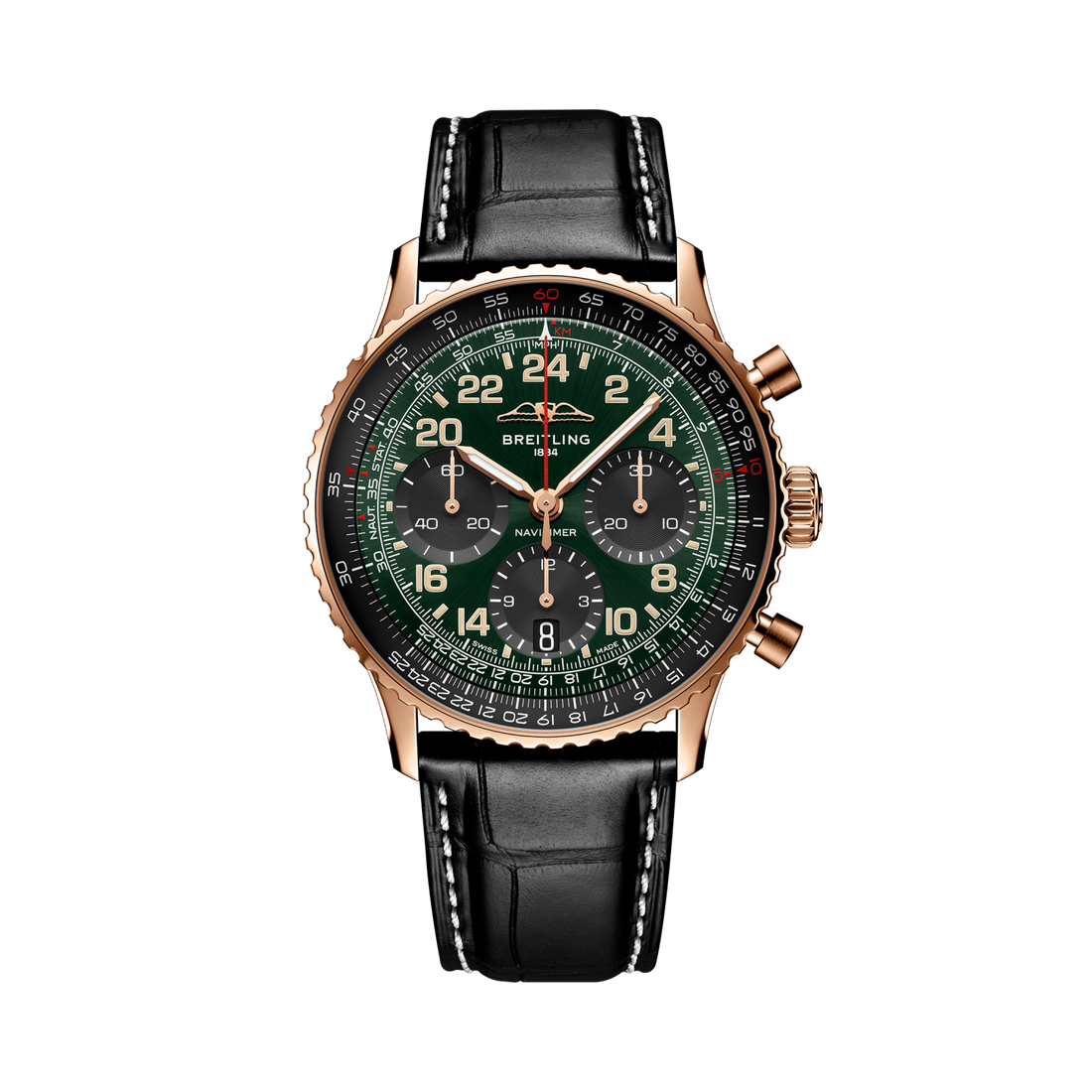 Breitling Navitimer B12 Chronograph 41 Cosmonaute reference RB12302A1L1P1 with Green dial, 18k red gold case, alligator strap, front view