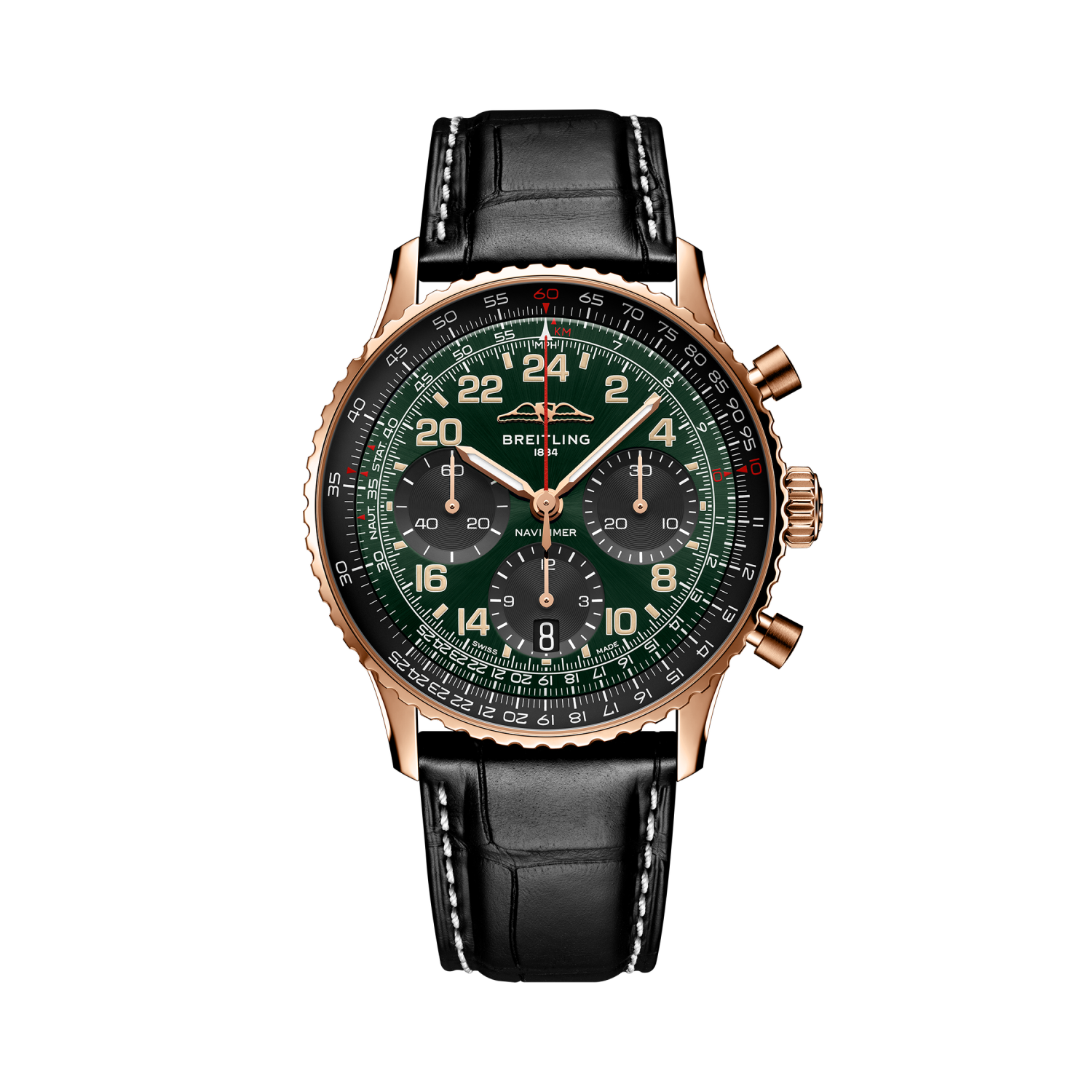 Breitling Navitimer B12 Chronograph 41 Cosmonaute reference RB12302A1L1P1 with Green dial, 18k red gold case, alligator strap, front view