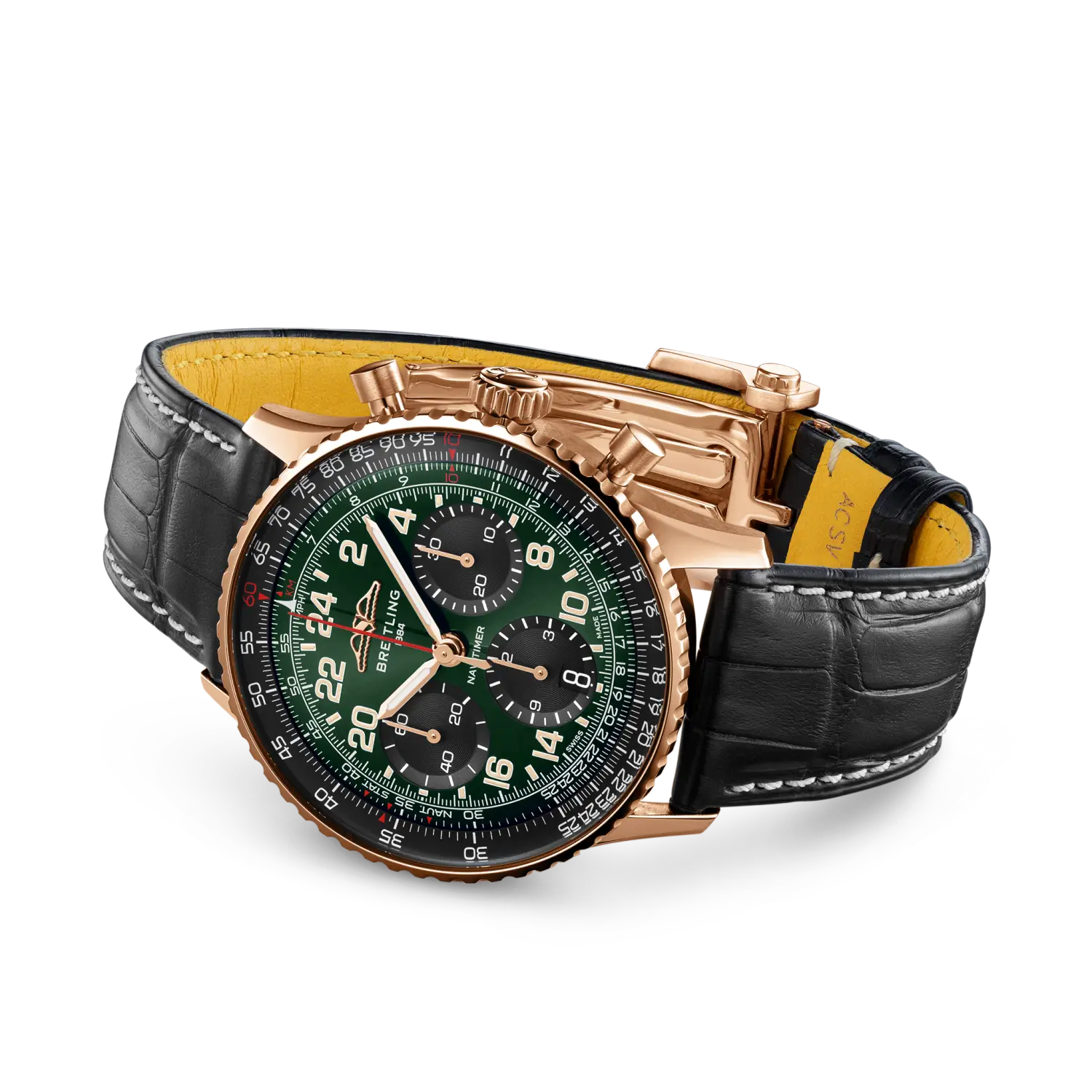 Breitling Navitimer B12 Chronograph 41 Cosmonaute reference RB12302A1L1P1 with Green dial, 18k red gold case, alligator strap, bracelet or strap configuration view