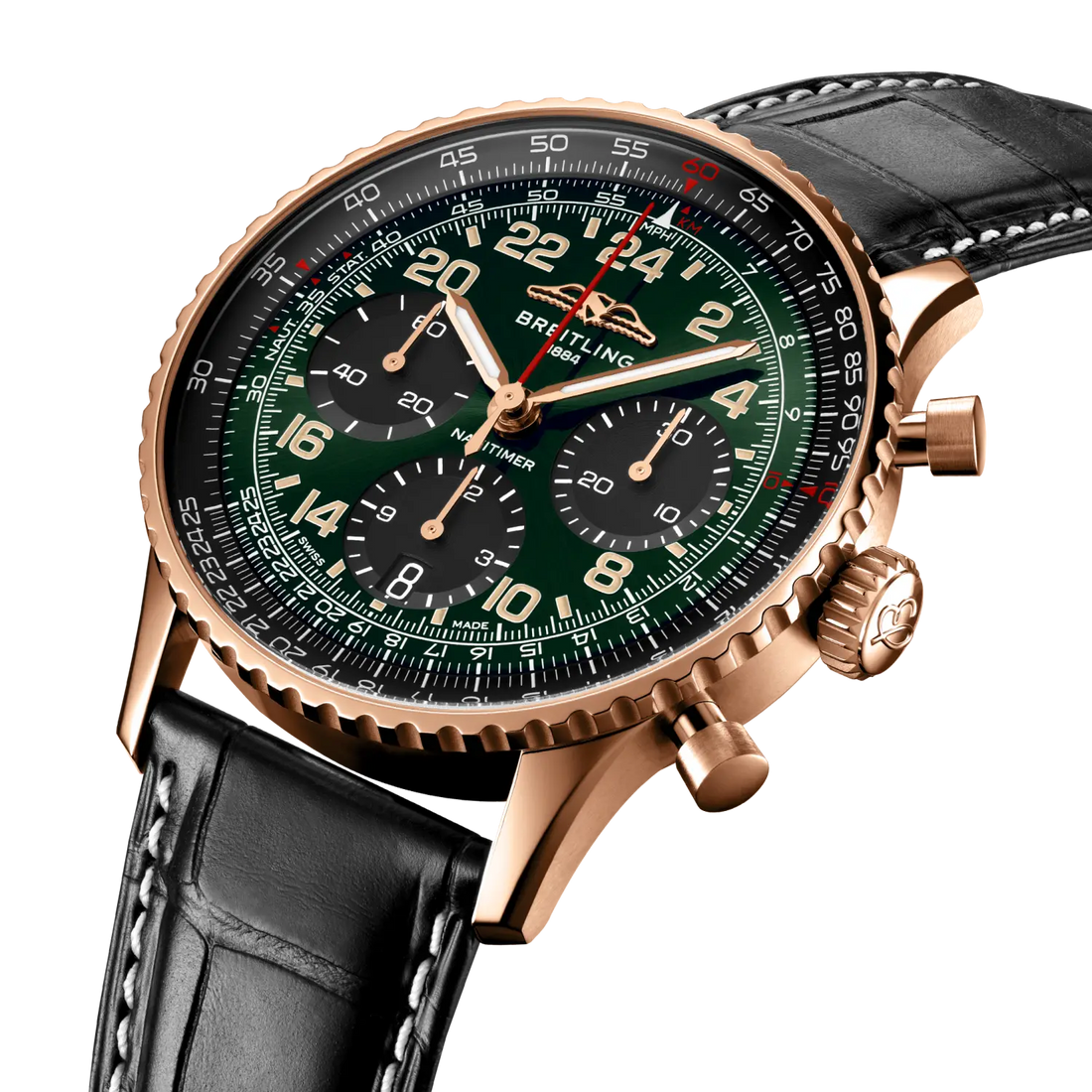 Breitling Navitimer B12 Chronograph 41 Cosmonaute reference RB12302A1L1P1 with Green dial, 18k red gold case, alligator strap, three-quarter view