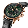 Breitling Navitimer B12 Chronograph 41 Cosmonaute reference RB12302A1L1P1 with Green dial, 18k red gold case, alligator strap, three-quarter view