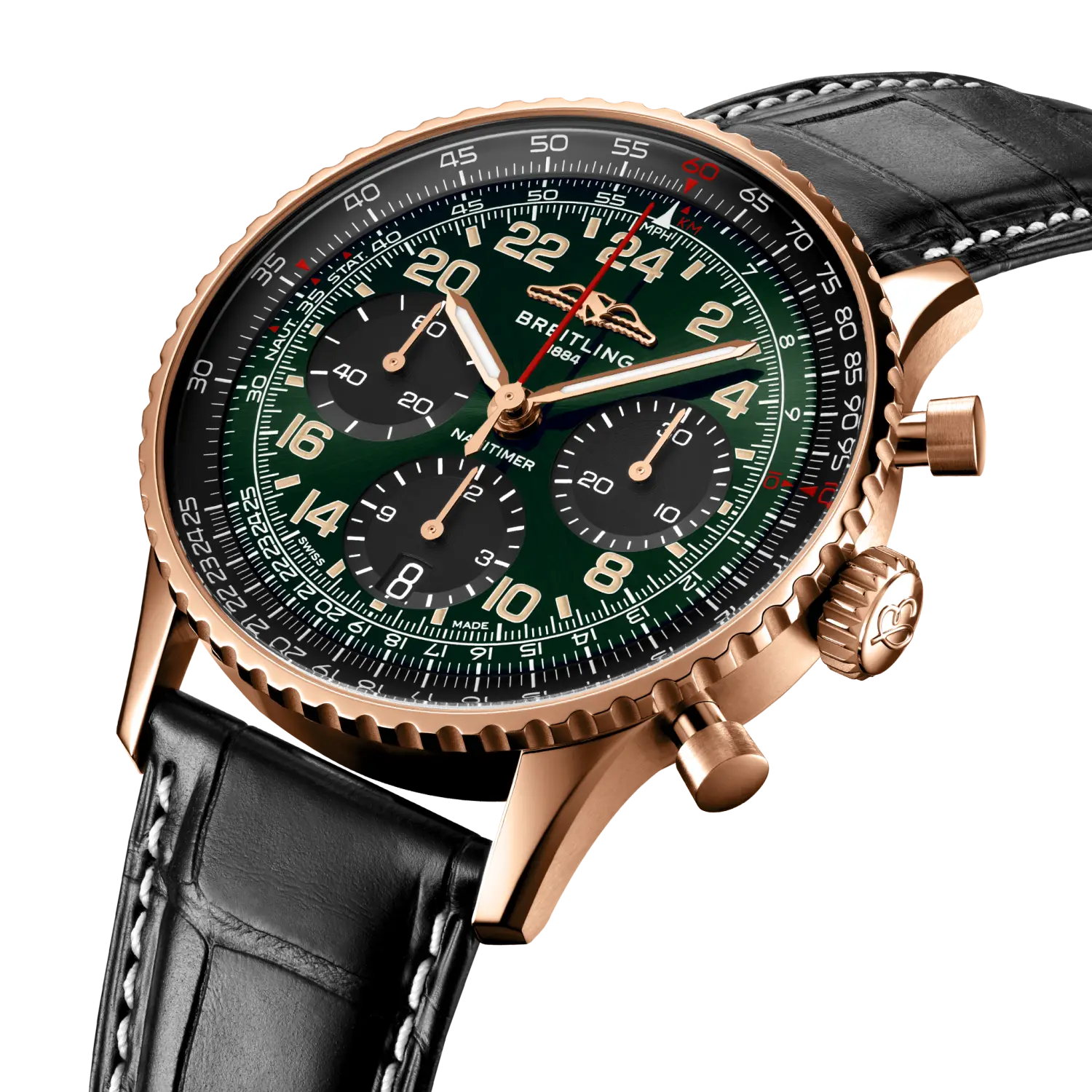 Breitling Navitimer B12 Chronograph 41 Cosmonaute reference RB12302A1L1P1 with Green dial, 18k red gold case, alligator strap, three-quarter view