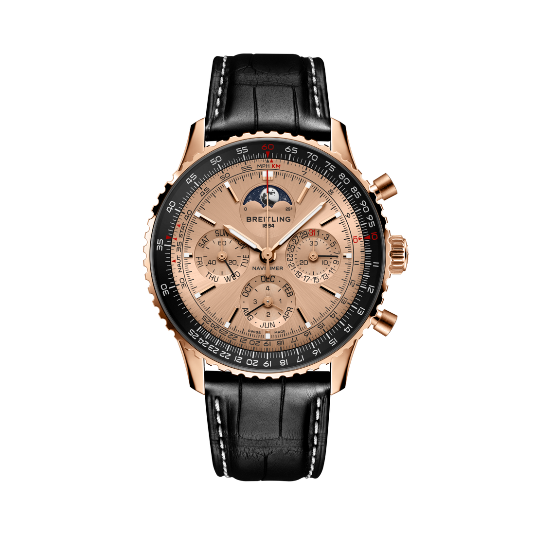Breitling Navitimer B19 Chronograph 43 Perpetual Calendar 140th Anniversary reference RB19101A1H1P1 with Solid gold dial, 18k red gold case, alligator strap, front view