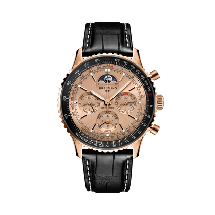 Breitling Navitimer B19 Chronograph 43 Perpetual Calendar 140th Anniversary reference RB19101A1H1P1 with Solid gold dial, 18k red gold case, alligator strap, front view